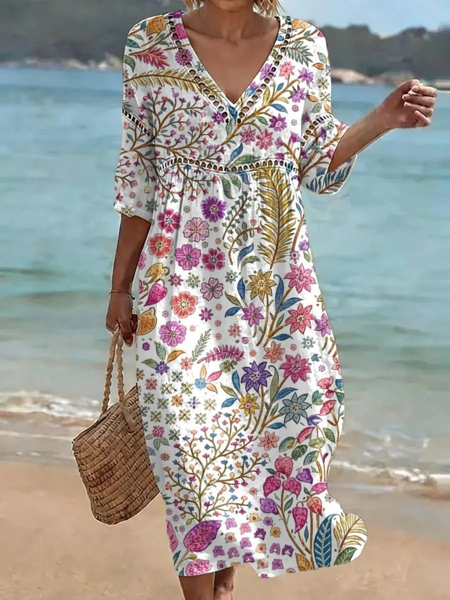 Women's comfortable dress made from a cotton-linen blend with a print