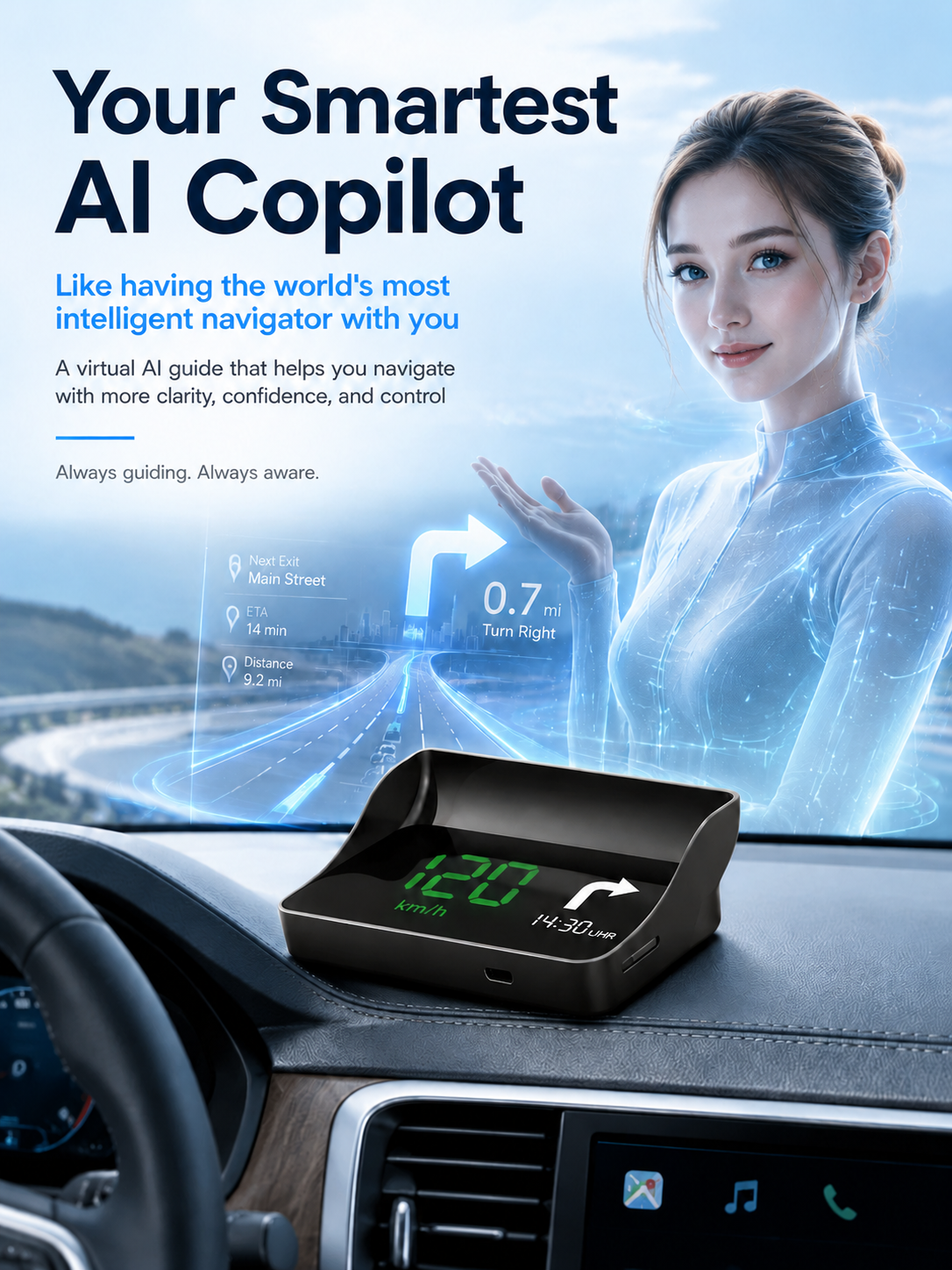 🚗 【Smart In-Car HUD Co-Pilot】Works on Sedans, SUVs, Pickups, RVs, and More!