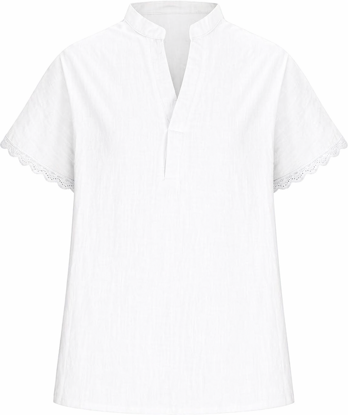 Womens V-Neck Cotton Linen Tops Short Sleeve Lace Trim Boho Shirt Casual Loose Fit Tshirts Soft Holiday Blouse