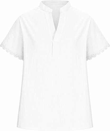 Womens V-Neck Cotton Linen Tops Short Sleeve Lace Trim Boho Shirt Casual Loose Fit Tshirts Soft Holiday Blouse