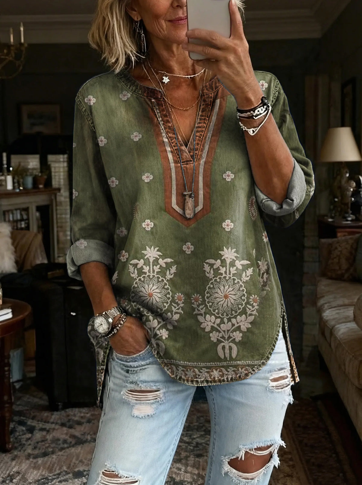 Women's Bohemian Ethnic Tattoo Floral Art Print Casual V-Neck Washed Cotton Denim Top