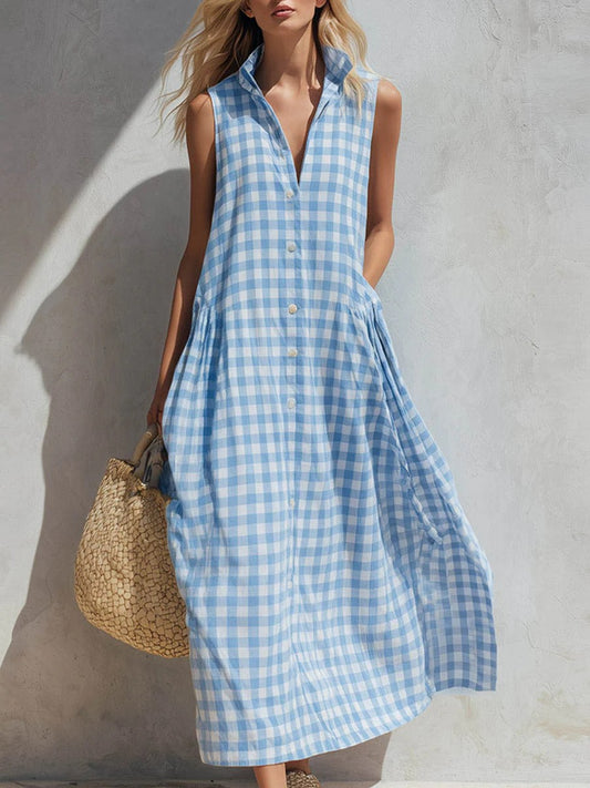 Women's Plaid-print V-neck Sleeveless Casual Loose Cotton-linen Dress