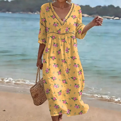 Women's comfortable dress made from a cotton-linen blend with a print