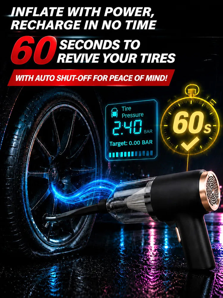 Blow Hidden Dirt Out, Vacuum It Up, Inflate & Deflate—in Seconds with One German-Precision 4-in-1 Car Detailer.