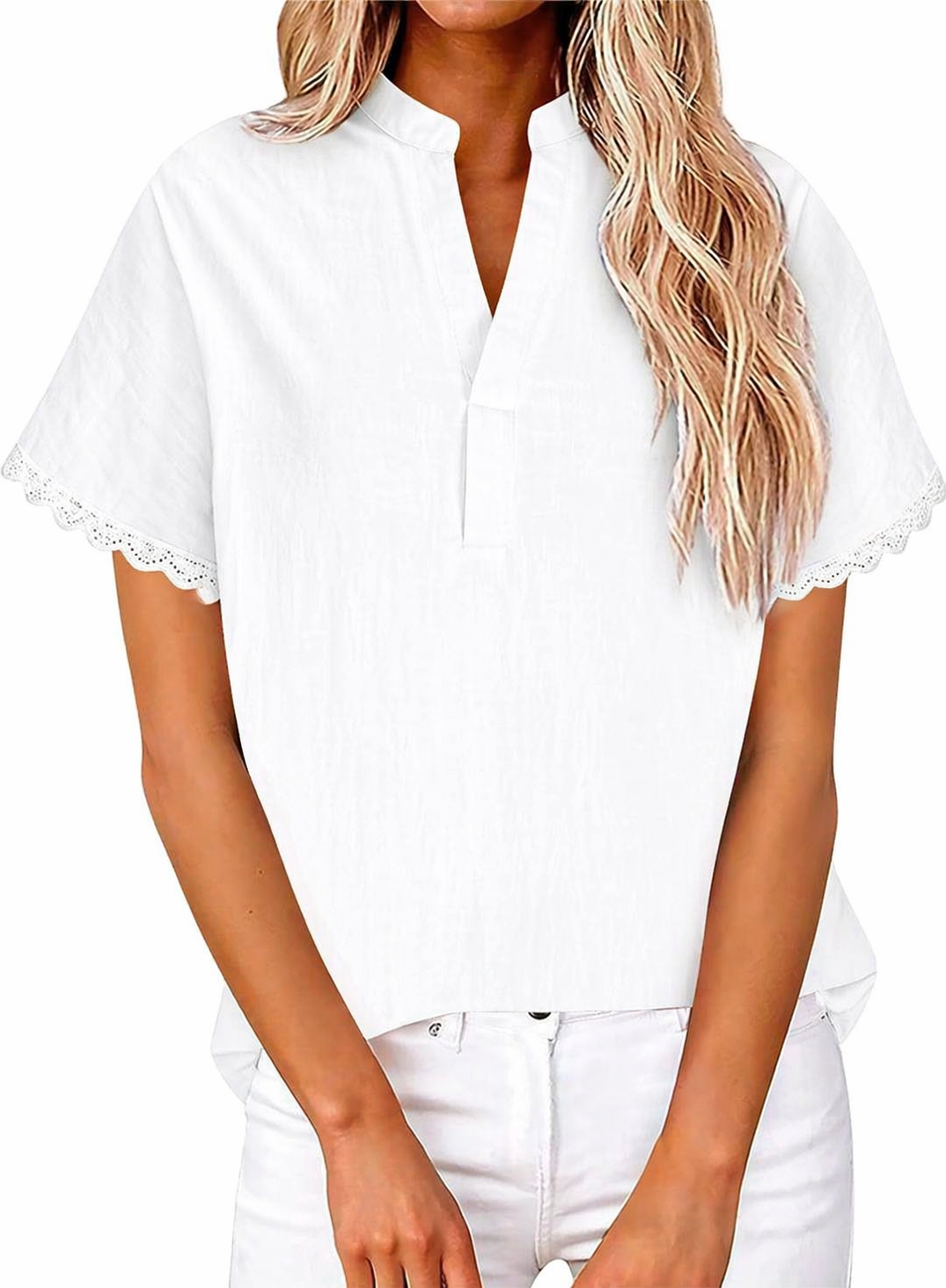 Womens V-Neck Cotton Linen Tops Short Sleeve Lace Trim Boho Shirt Casual Loose Fit Tshirts Soft Holiday Blouse