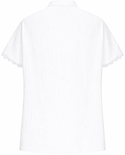 Womens V-Neck Cotton Linen Tops Short Sleeve Lace Trim Boho Shirt Casual Loose Fit Tshirts Soft Holiday Blouse
