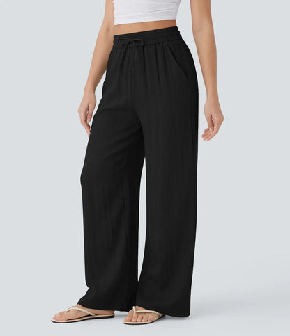 High-Waisted Drawstring Pocket Wide-Leg Casual Linen-Feel Trousers🔥Buy 2 Free Shipping