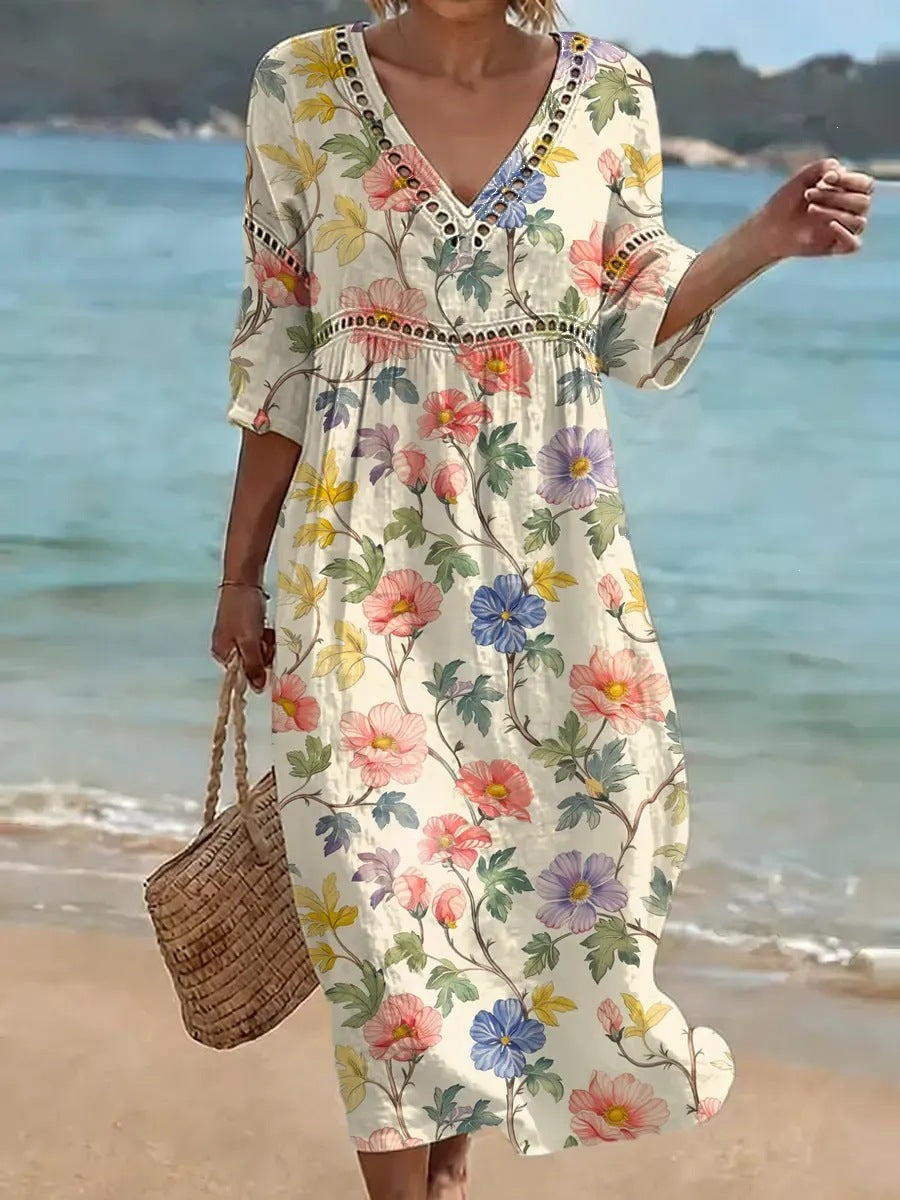 Women's comfortable dress made from a cotton-linen blend with a print