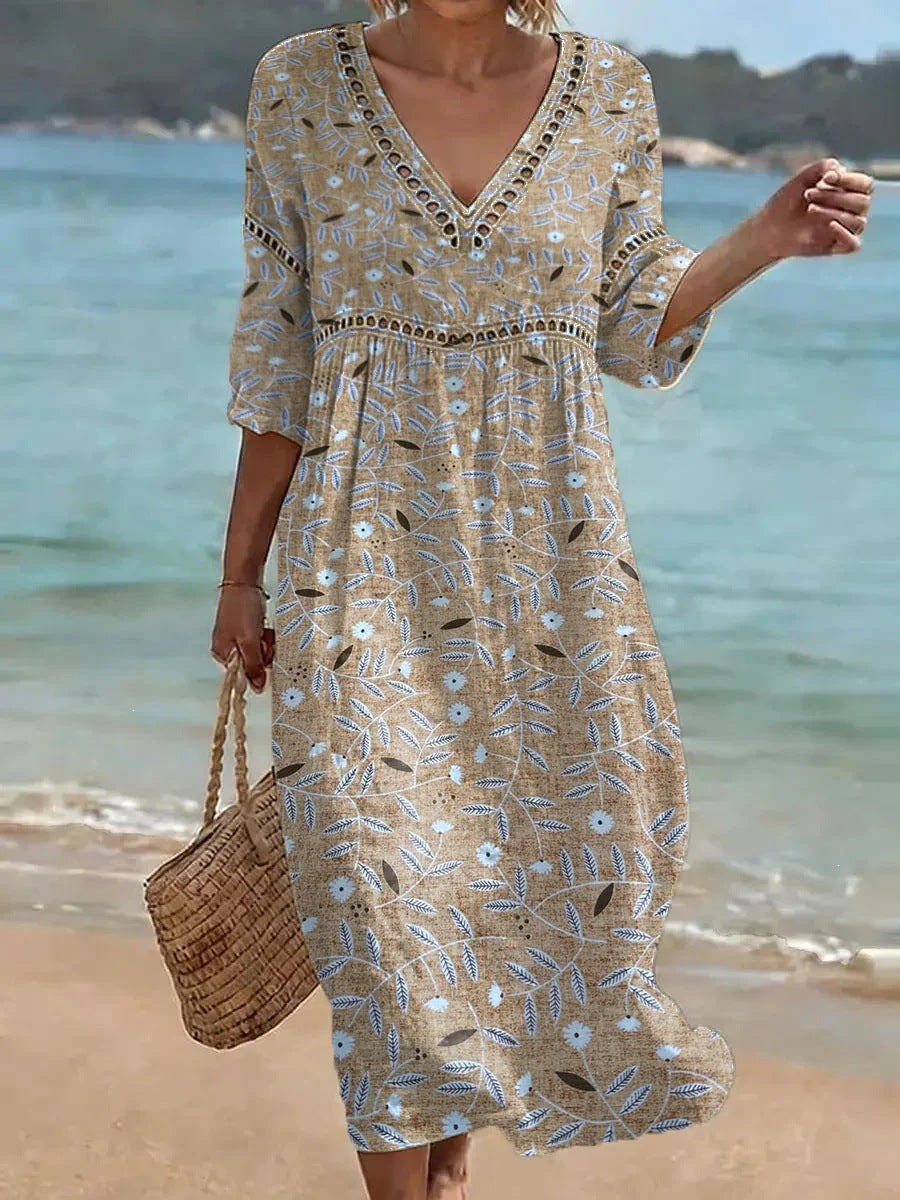Women's comfortable dress made from a cotton-linen blend with a print