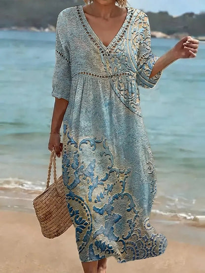 Women's comfortable dress made from a cotton-linen blend with a print