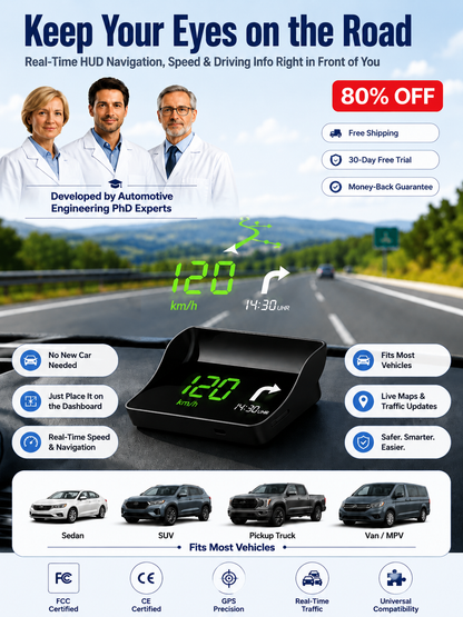 🚗 【Smart In-Car HUD Co-Pilot】Works on Sedans, SUVs, Pickups, RVs, and More!