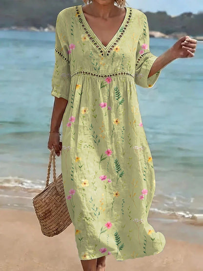 Women's comfortable dress made from a cotton-linen blend with a print