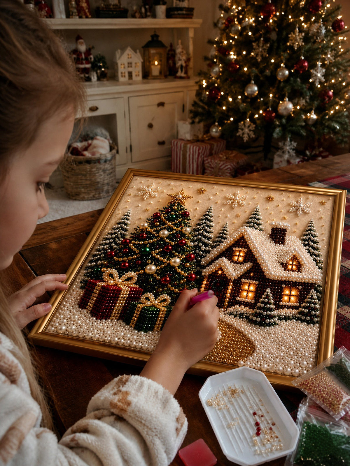 🎄🎅 Premium 3D Pearl Christmas Wall Art Kit | Luxury Flocked Canvas with Scratch-Resistant Non-Fading Pearl Beads DIY Holiday Decor⛄️❄️