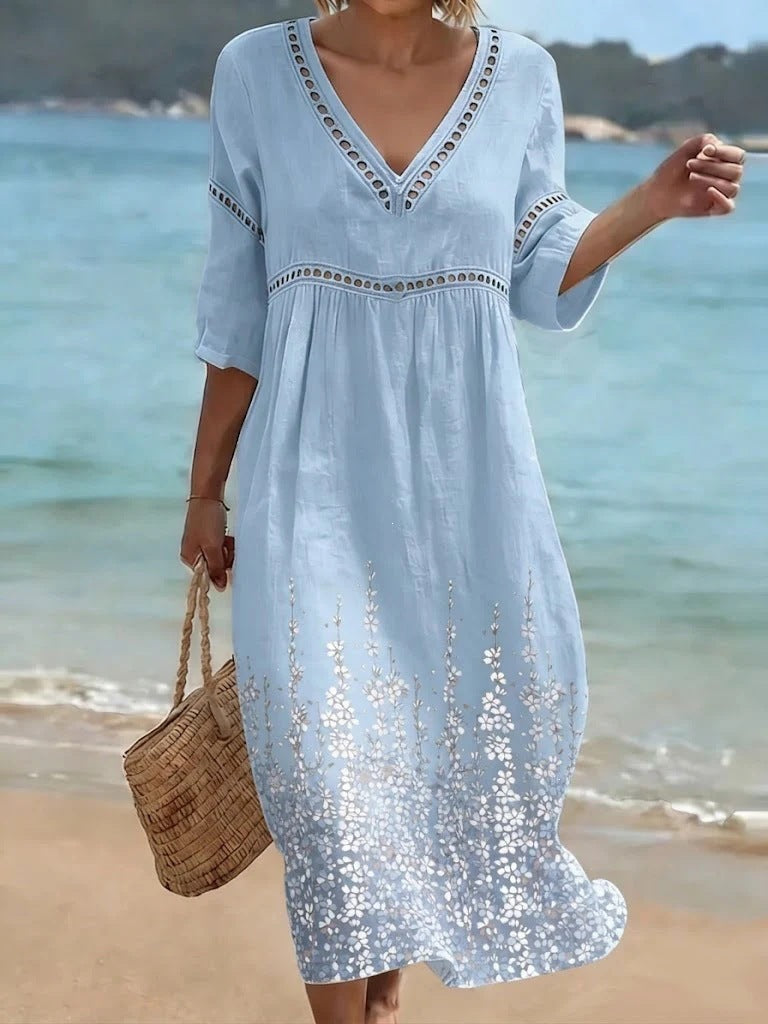 Women's comfortable dress made from a cotton-linen blend with a print
